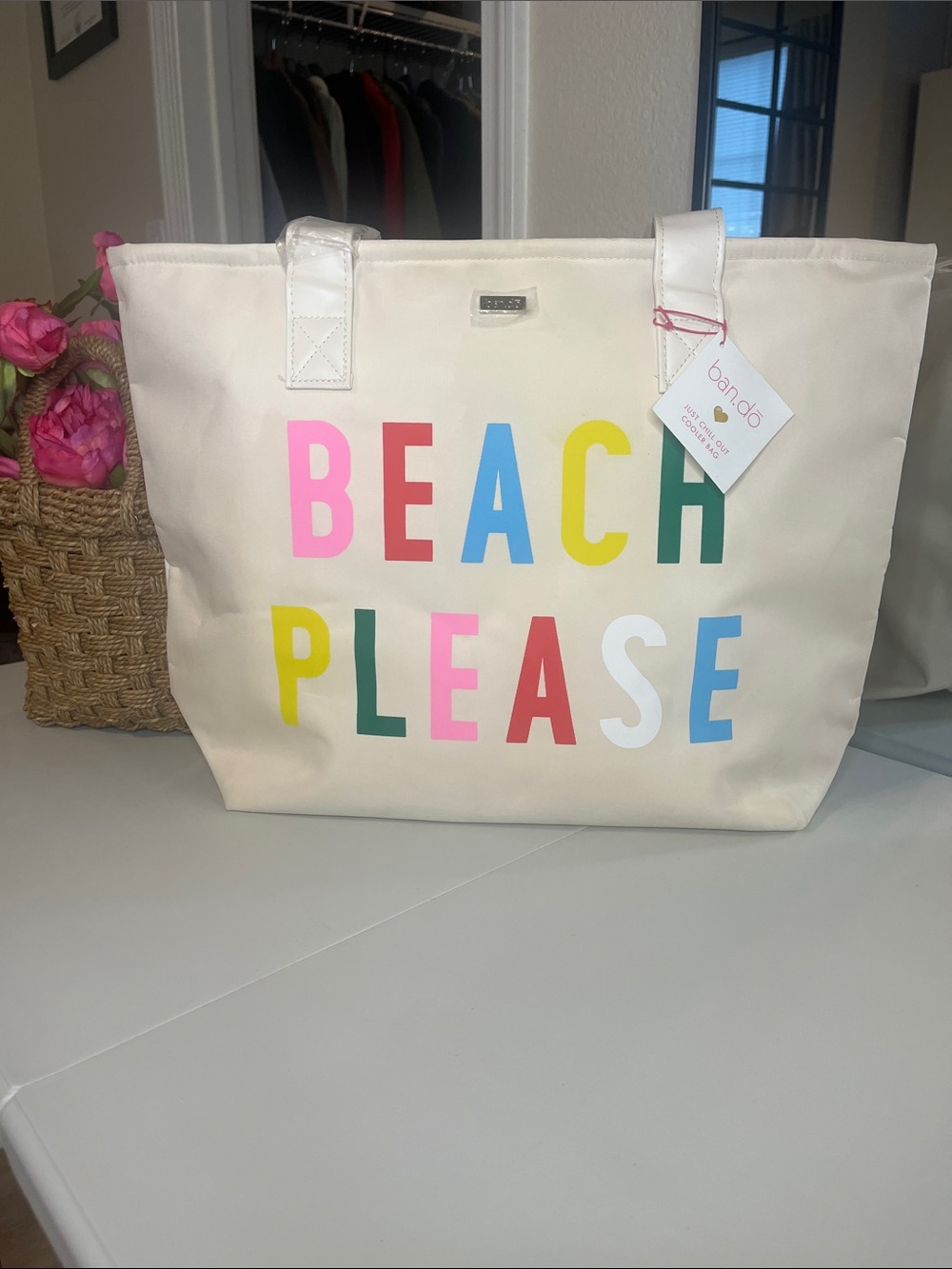 ban.do Cream Canvas Tote with Multicolor 'BEACH PLEASE' Letters